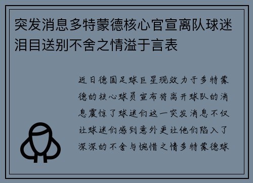 突发消息多特蒙德核心官宣离队球迷泪目送别不舍之情溢于言表 突发消息多特蒙德核心官宣离队球迷泪目送别不舍之情溢于言表